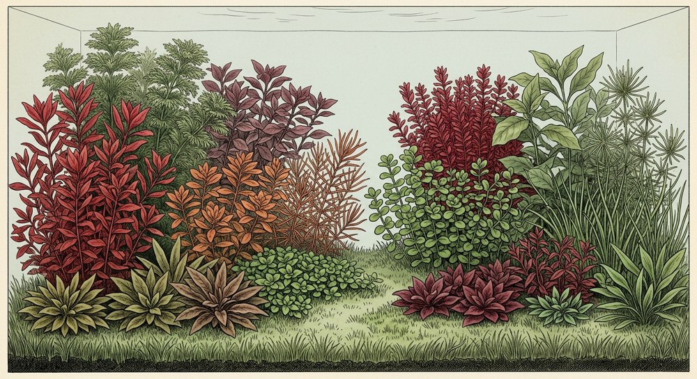 Dutch aquascape illustration for a 10-gallon tank