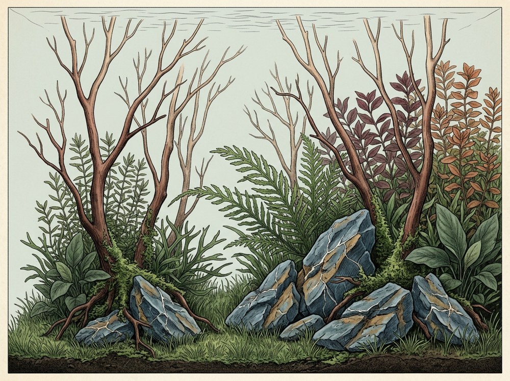 Nature aquascape illustration for a 10-gallon tank