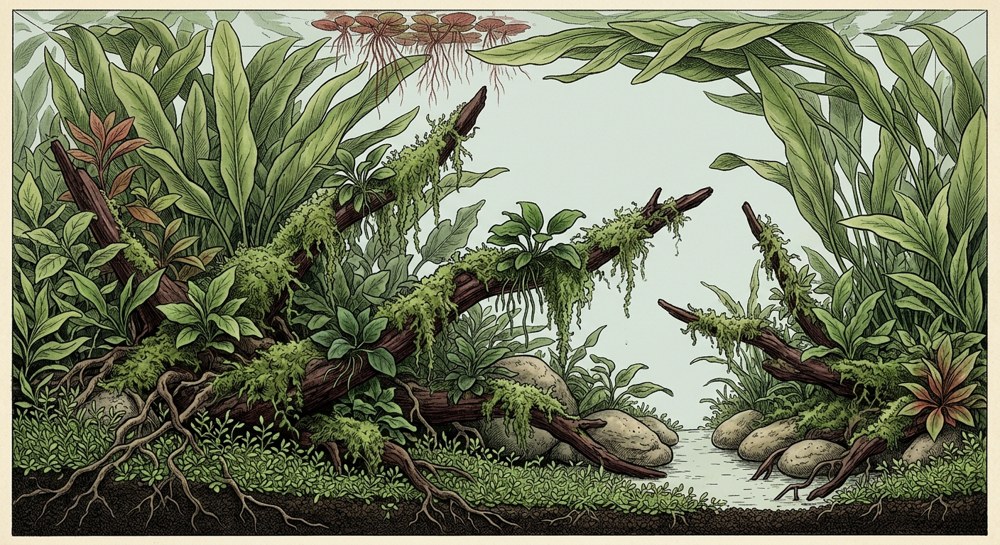 Jungle aquascape illustration for a 10-gallon tank