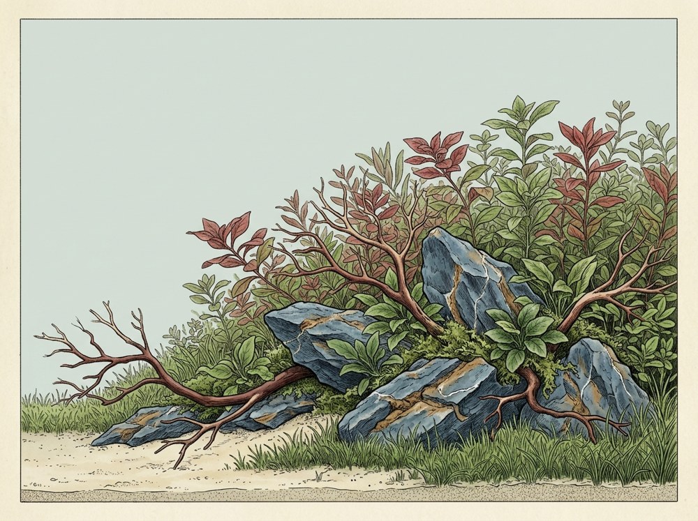 Nature aquascape illustration for a 10-gallon tank