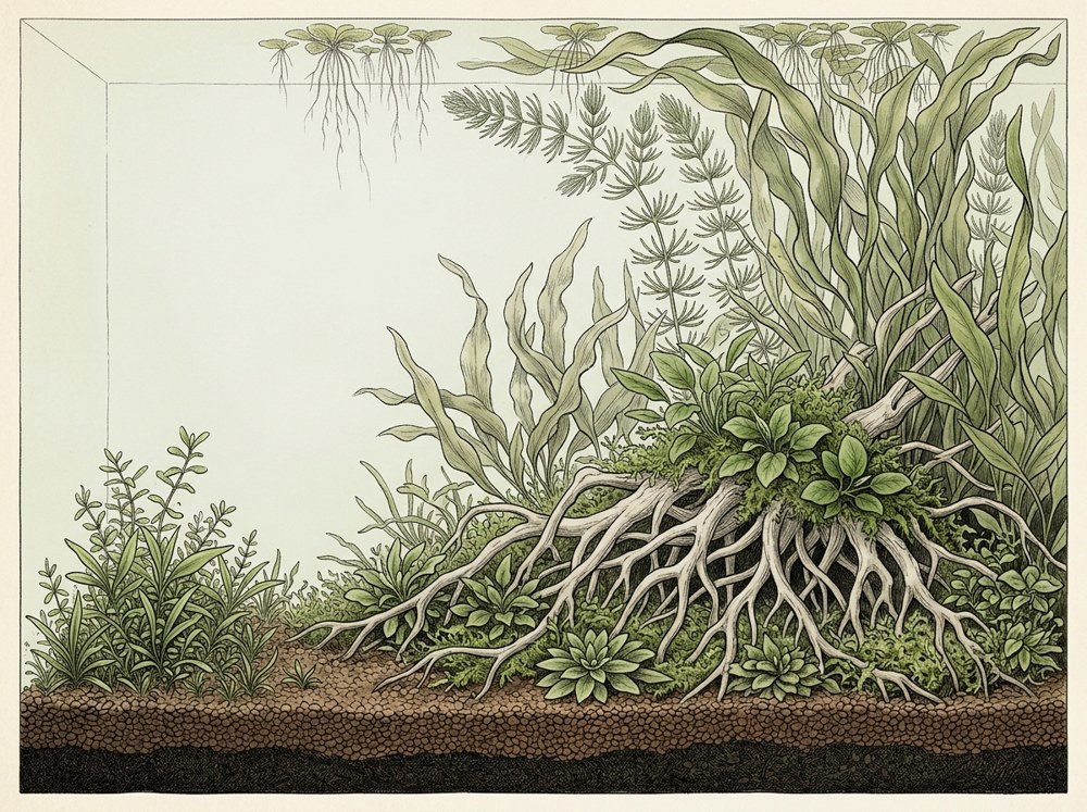 Walstad aquascape illustration for a 10-gallon tank