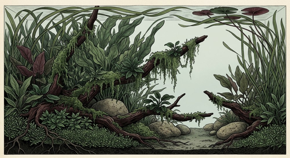 Jungle aquascape illustration for a 20-gallon tank