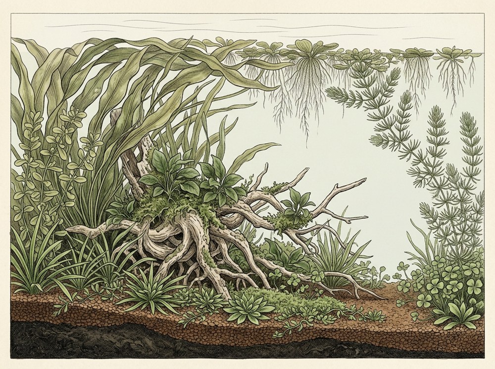 Walstad aquascape illustration for a 20-gallon tank