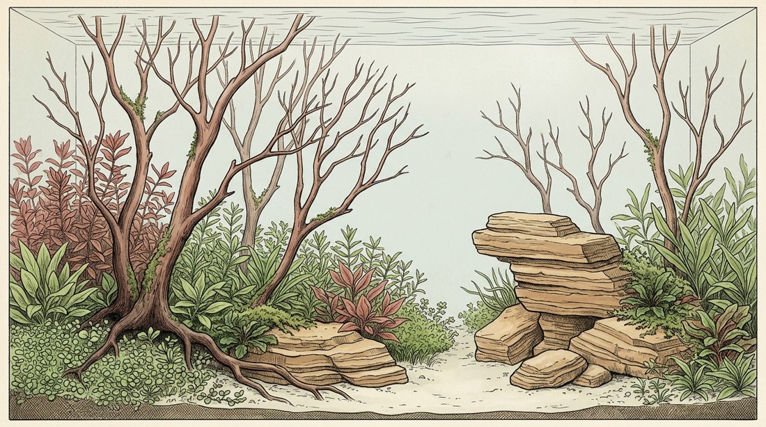Nature aquascape illustration for a 220-gallon tank