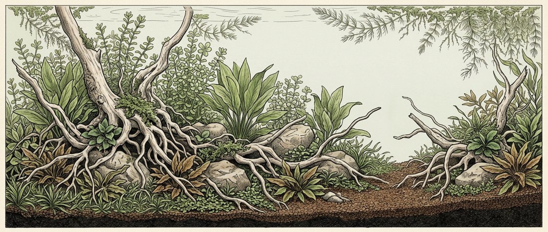 Walstad aquascape illustration for a 220-gallon tank