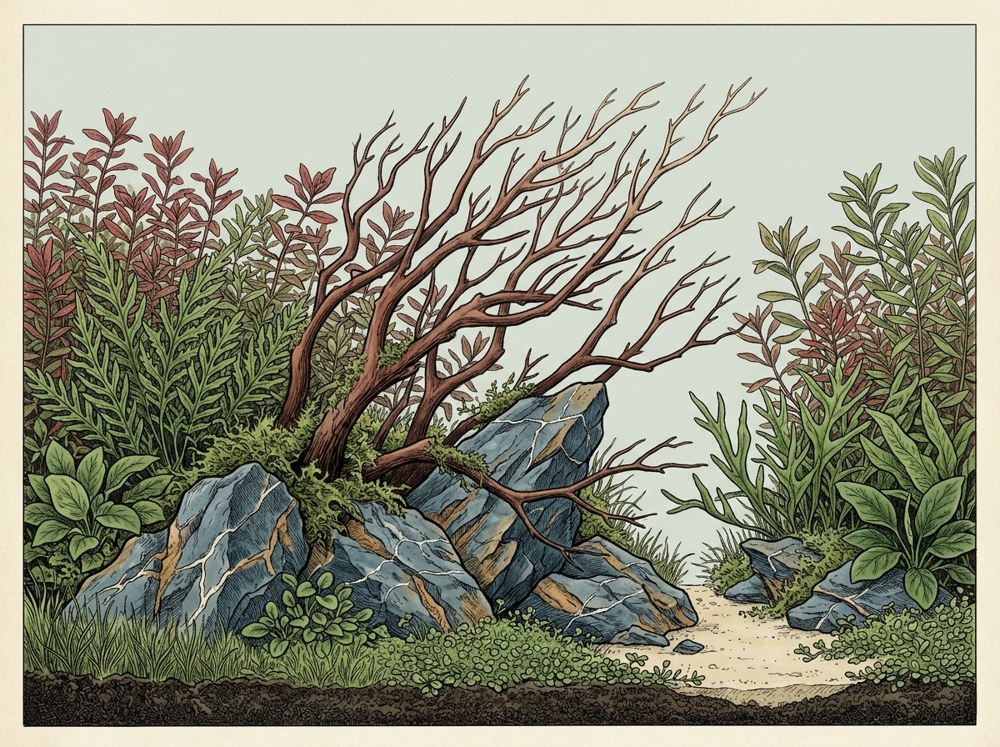 Nature aquascape illustration for a 29-gallon tank