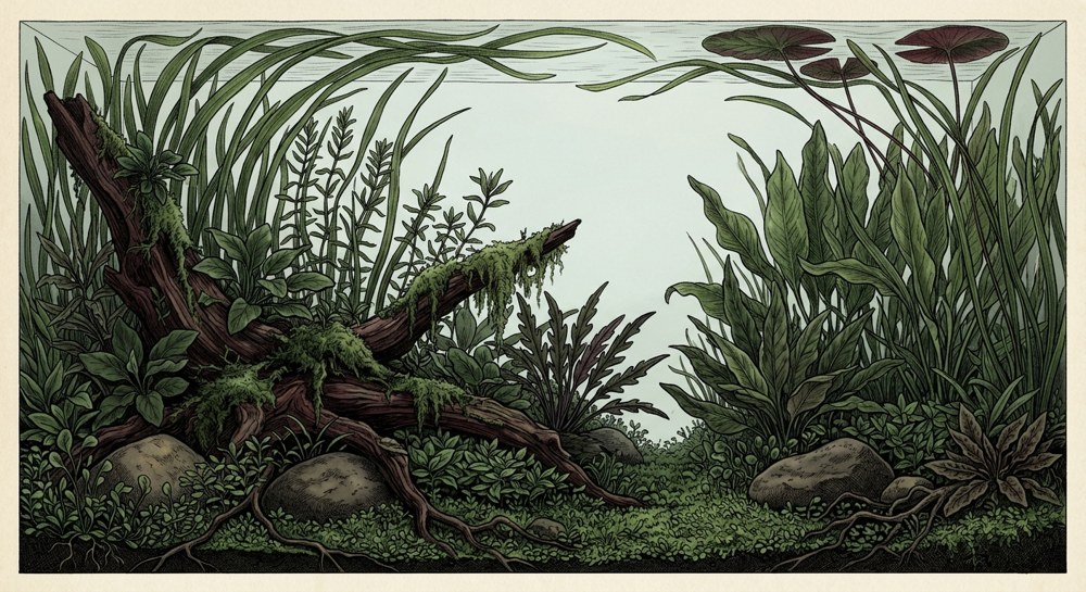 Jungle aquascape illustration for a 29-gallon tank