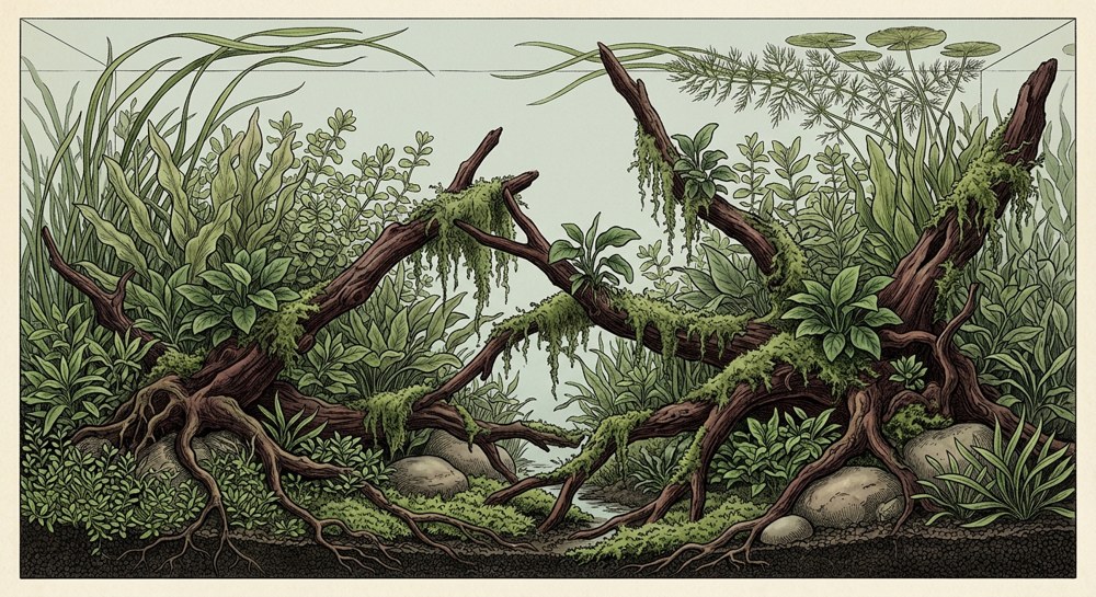 Jungle aquascape illustration for a 40-gallon breeder tank