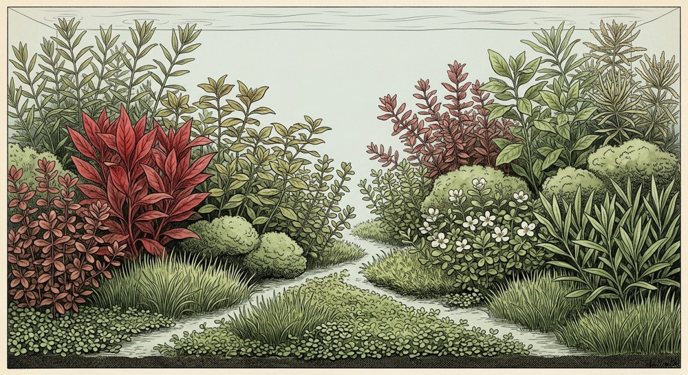 Dutch aquascape illustration for a 5-gallon nano tank