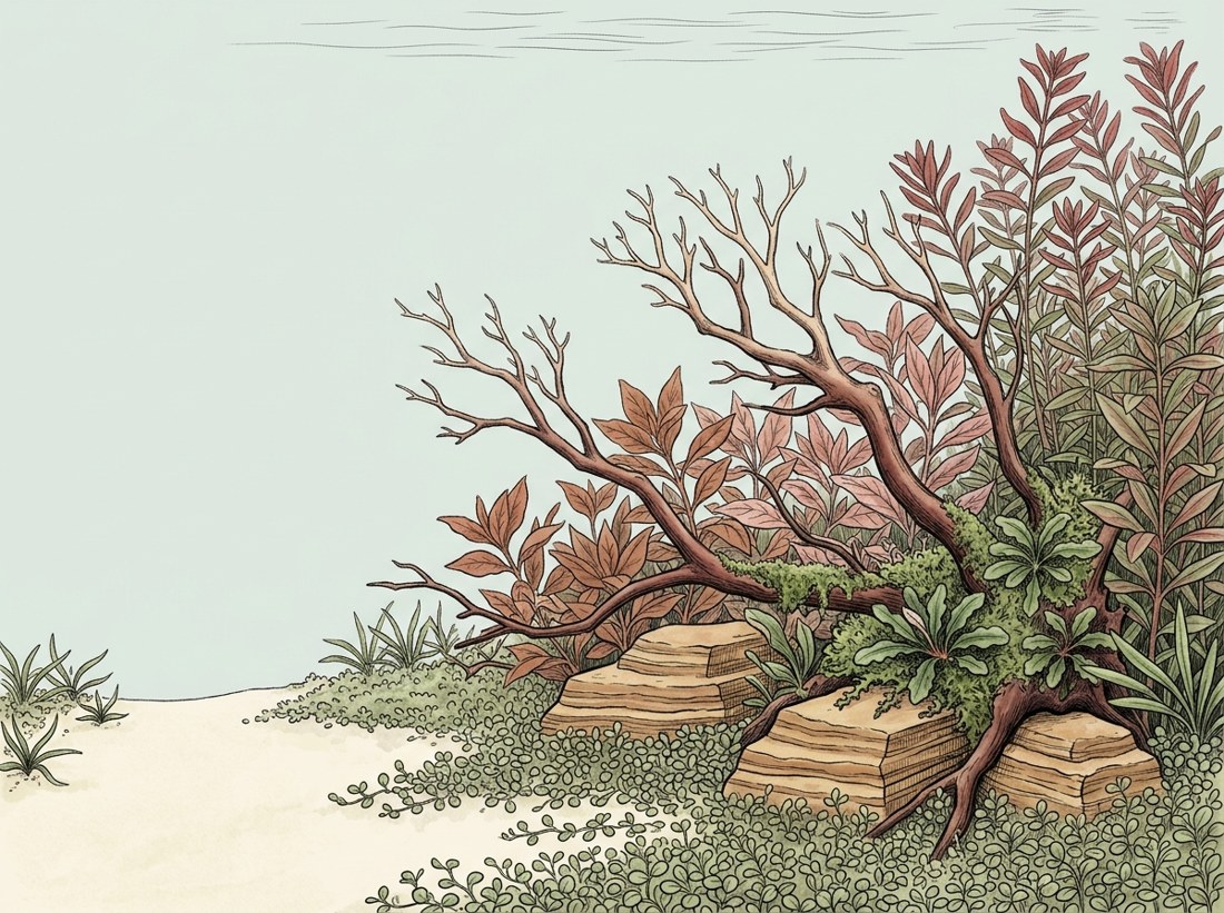 Nature aquascape illustration for a 5-gallon nano tank