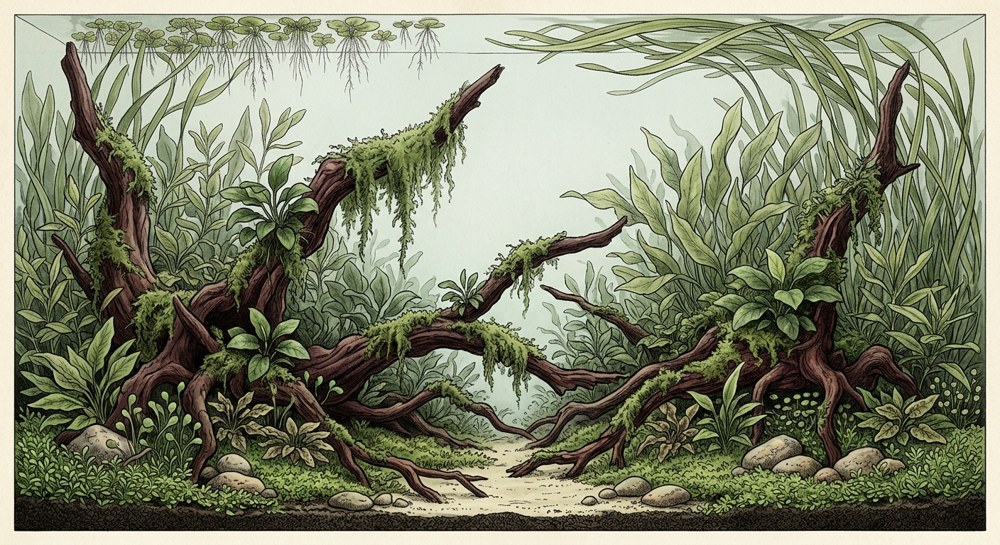 Jungle aquascape illustration for a 5-gallon nano tank