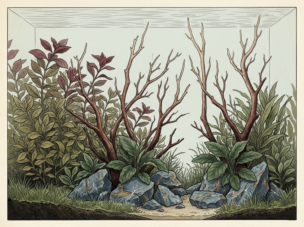 Nature aquascape illustration for a 5-gallon nano tank