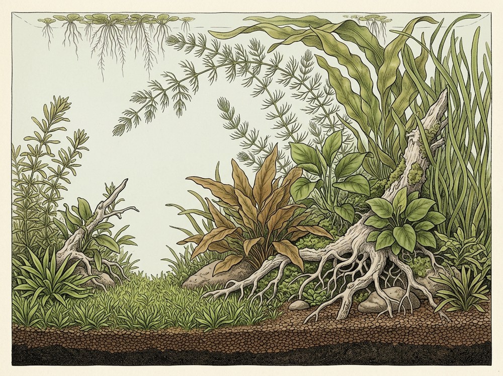 Walstad aquascape illustration for a 5-gallon nano tank