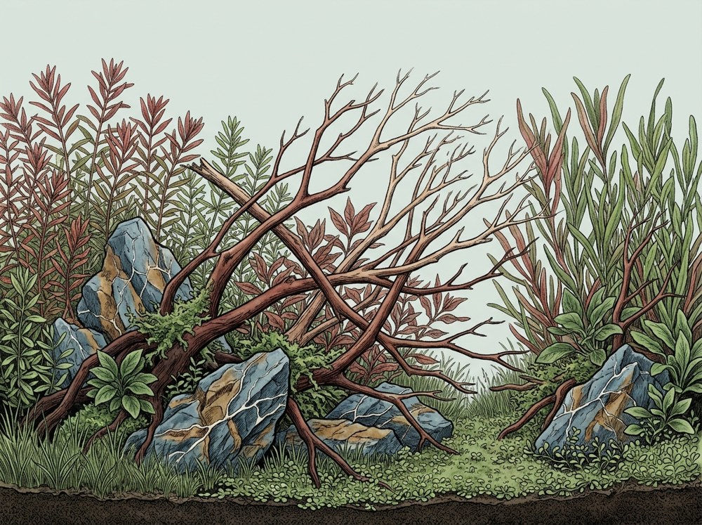 Nature aquascape illustration for a 55-gallon tank