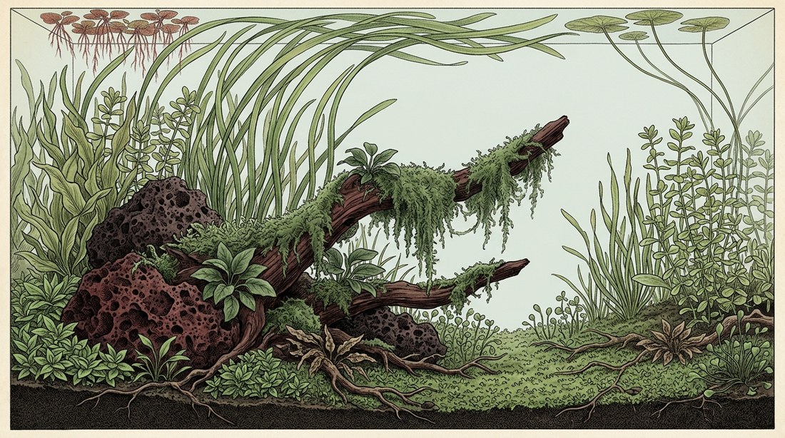 Jungle aquascape illustration for a 55-gallon tank