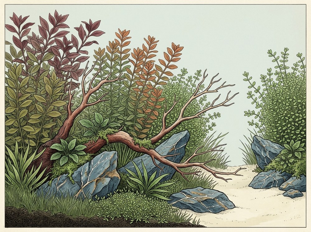 Nature aquascape illustration for a 55-gallon tank