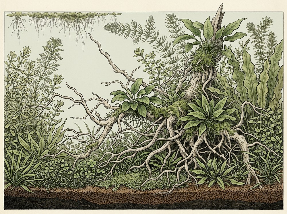 Walstad aquascape illustration for a 55-gallon tank