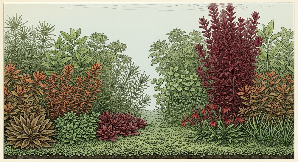 Dutch aquascape illustration for a 75-gallon tank