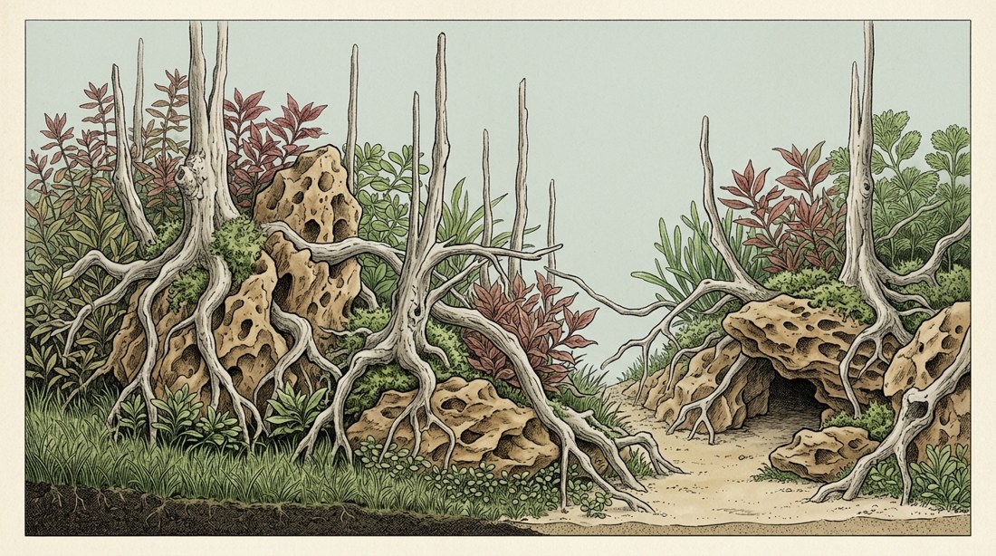 Nature aquascape illustration for a 75-gallon tank