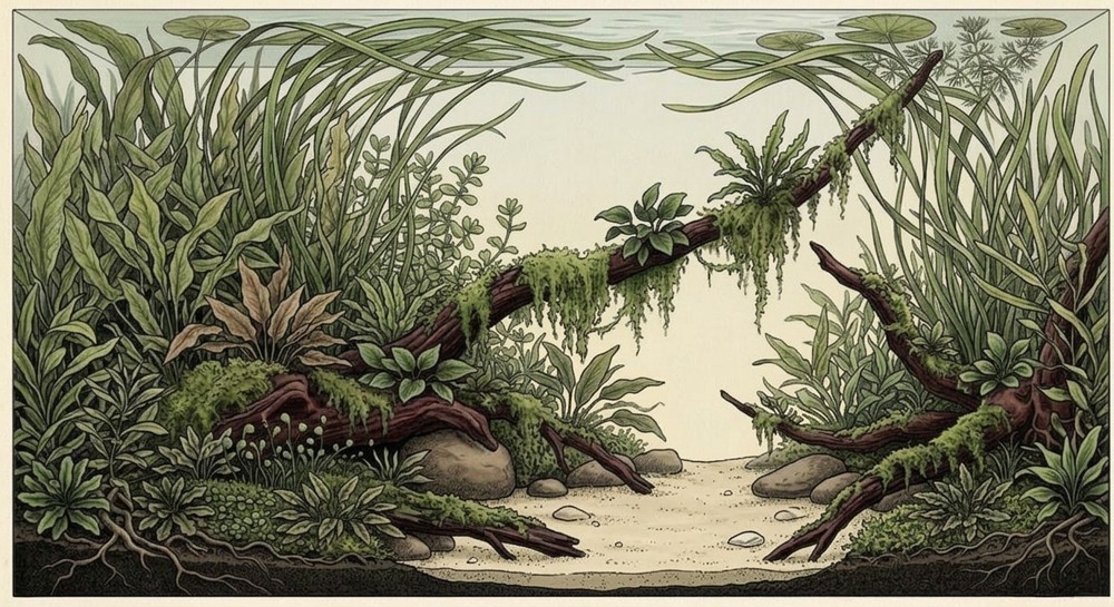 Jungle aquascape illustration for a 75-gallon tank