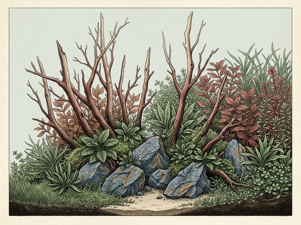 Nature aquascape illustration for a 75-gallon tank