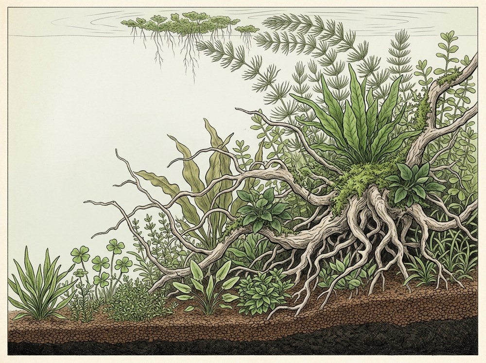 Walstad aquascape illustration for a 75-gallon tank